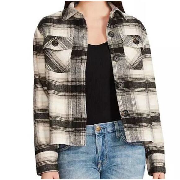 BB DAKOTA by Steve Madden Women’s Boxy Black Plaid Shacket large - Picture 1 of 4